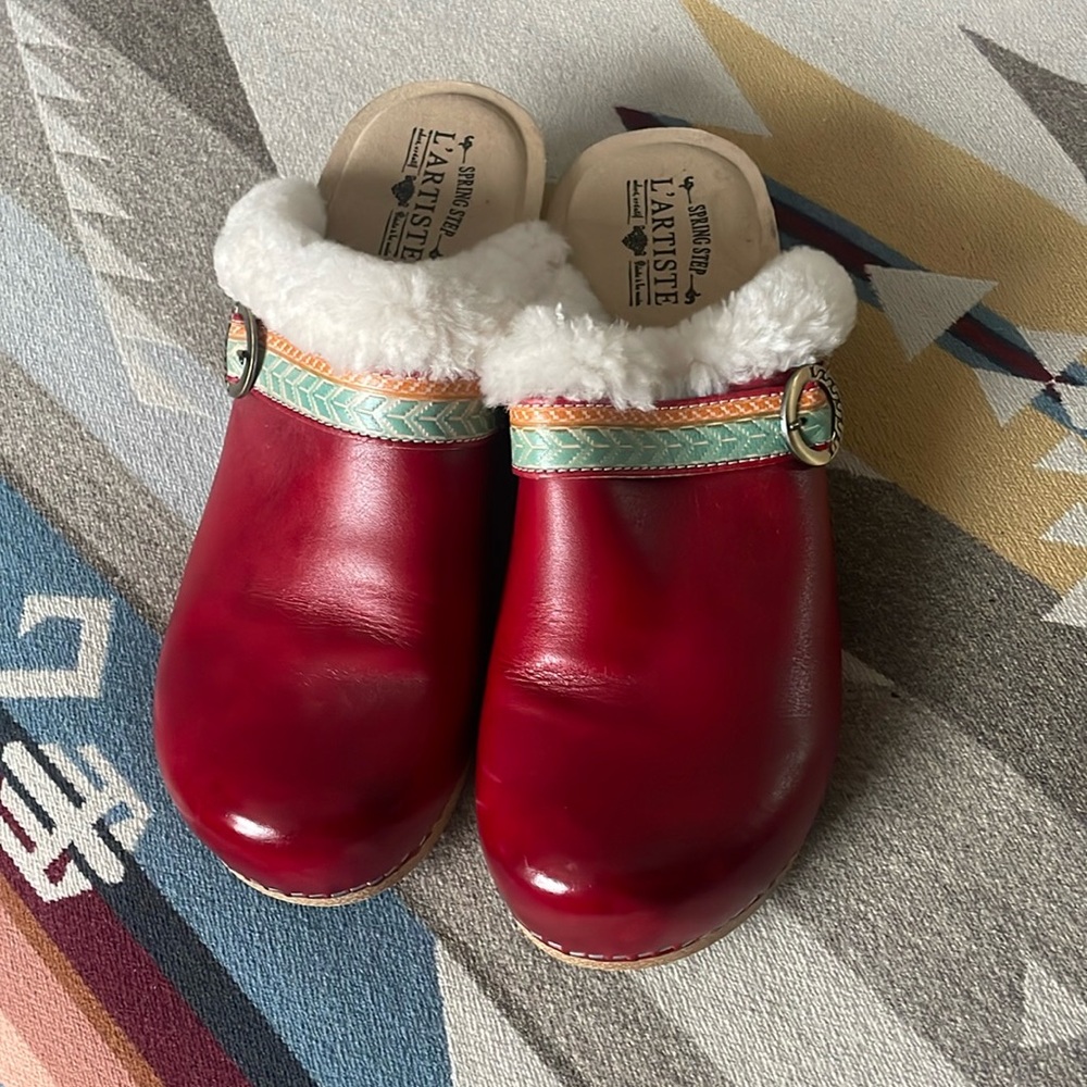 Spring Step Red Mules with Fur Trim